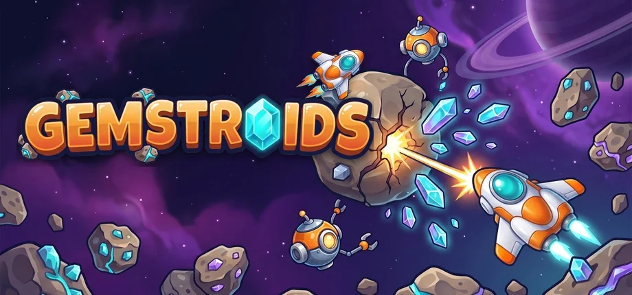 Gemstroids: a mining ship's laser cracks a gem-studded asteroid while two drones gather the gems.